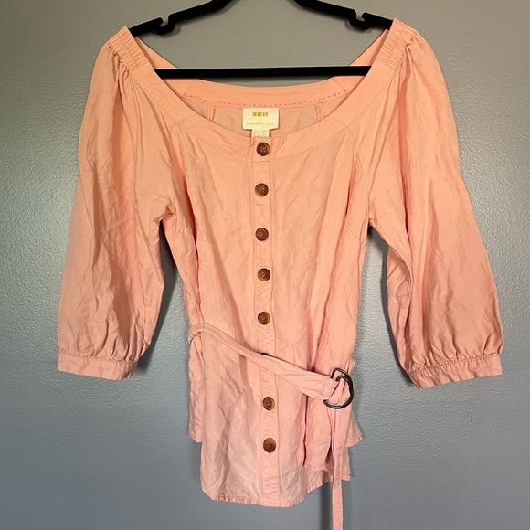 Maeve Anthropologie Alanis Belted Blouse Button Up Shirt Off Shoulder pink sz 8 - Picture 6 of 16